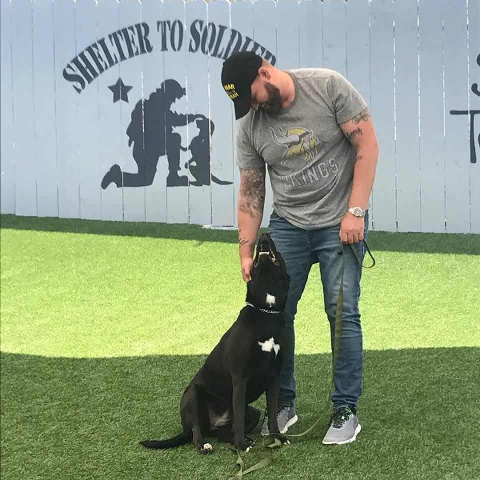 Man with a dog in front of shelter to soldier logo on a fence