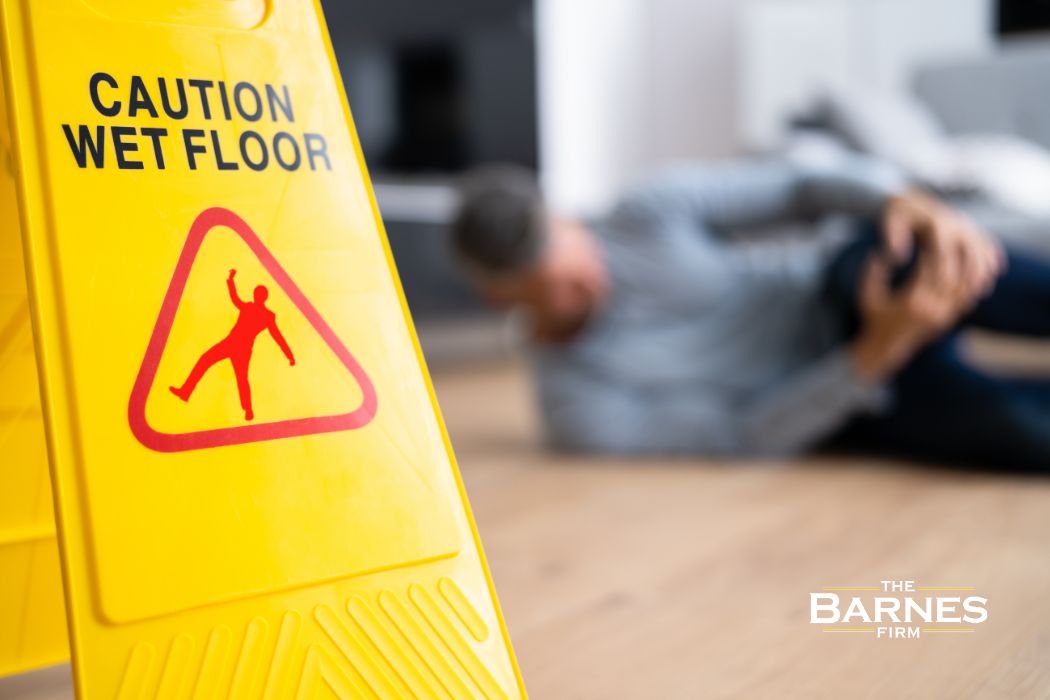 wet floor sign with a man who tripped and fell in the background